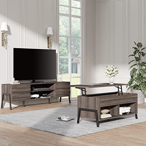 WAMPAT Mid-Century TV Stand and Coffee Table Set of 2, 70 Inch TV Console Table with Metal Legs, Lift Top Coffee Table with Storage Shelf, 2 Piece Living Room Table Set, Espresso