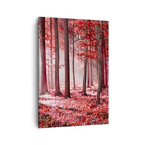 Moderne Impression sur Toile Forêt Rouge Arbres Image Tableau Decoration Murale 50x70cm Deco Cadre Salon Chambre Cuisine Vertical Petit Tableaux Decoratifs...