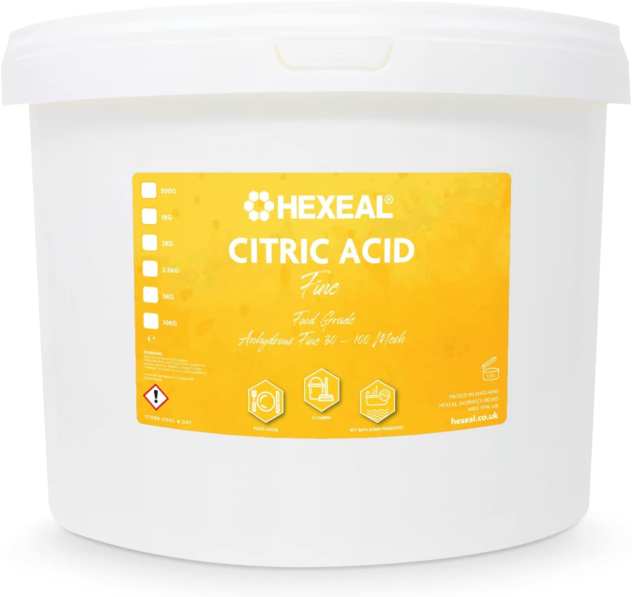 Hexeal Citric Acid 10kg โ 10kg Bucket of Food Grade Anhydrous Fine Citric Acid for Bath Bombs, Cleaning, Descaling, Removing Rust & Preserving