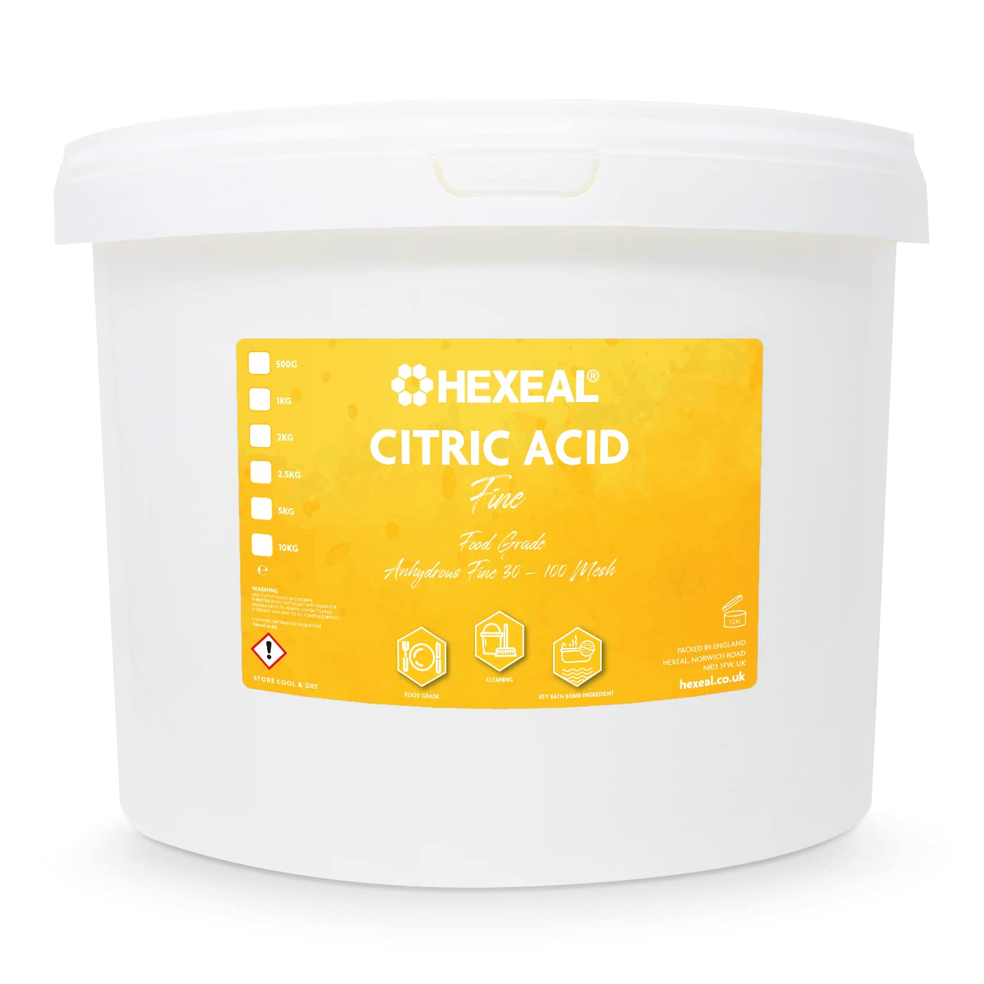 Hexeal Citric Acid 10kg – 10kg Bucket of Food Grade Anhydrous Fine Citric Acid for Bath Bombs, Cleaning, Descaling, Removing Rust & Preserving