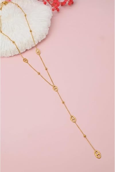 Générique Collier Y Maille Marine Grain De Café Chaine d'Ancre - Acier Inoxydable - Femme et Ado - Doré - Sautoir - Tendance - Resistant à l'eau - Ne rouille pas - Idéd cadeau - Élégant - Waterproof - 4
