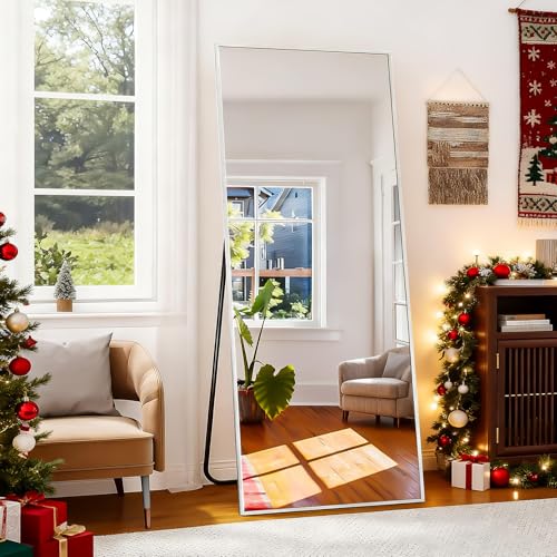 Image of BEAUTYPEAK Full Length Mirror with Stand, 56 inchx21 inch Floor Mirror with Aluminum Alloy Thin Frame, ShatterVue Tempered Full Body Mirrors, Free Standing or Wall-Mounted Mirrors for Living Room, Silver