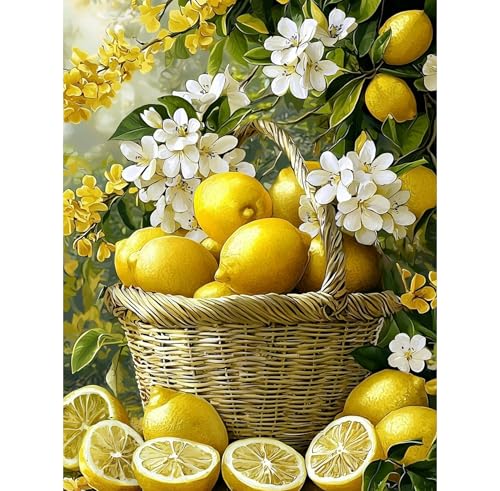 Image of QENSPE Lemons Diamond Painting Art Kits for Adults, DIY White Flowers Full Drill Diamond Art for Beginners, 5D Round Diamond Dots Paintings Gem Art Crafts Home Wall Decor Gifts 30x40cm