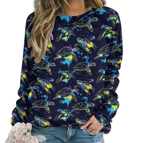 Sweat-shirt graphique tortue pour femme avec col rond et manches longues