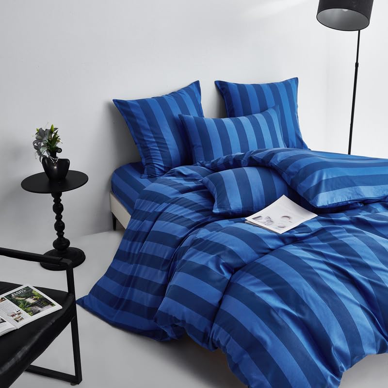 Gezu Bettwäsche 135x200 Baumwolle Gestreift Blau, Renforce Baumwolle Bettwäsche-Sets Atmungsaktiv,Weich, Öko-Tex 100 Zertifiziert,mit Reißverschluss und 1 Kissenbezug 80x80cm-Marineblau
