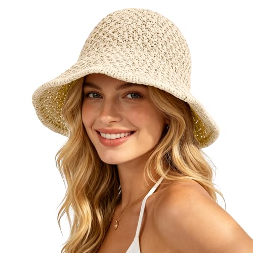 Sun Hat for Women Summer Straw Beach Hats Floppy Crochet Hat UV Protection Travel Bucket Hat Foldable Packable Beige