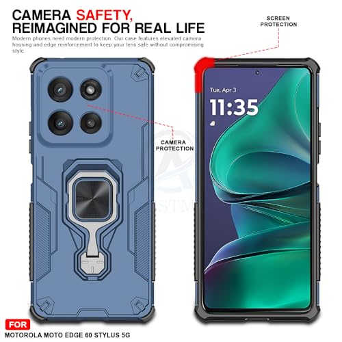 Image of AESTMO Armor Back Cover for Motorola Moto Edge 60 Stylus 5G | Ring Holder & Kickstand & Camera Protection in-Built | 360 Degree Protection Back Case Cover (Blue)