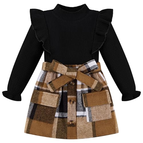 Image of Weixinbuy Toddler Girl Fall Winter Clothes Solid Long Sleeve Ribbed T-Shirt Knit Tops Plaid Button Mini Skirts Set Outfits