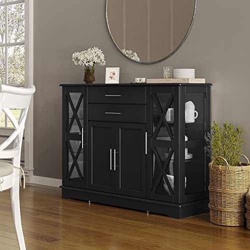 Belleze Sideboard Buffet Cabinet, 47 Inch Storage Cabinet Console Table Coffee Bar Cabinet Kitchen Cupboard Pantry Cabinet Glass Display Cabinet For Lving Room Entryway Dining Room, Black #TOP2