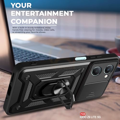 Image of Armor Bumper Back Cover Case for iQOO Z9 Lite 5G /Vivo T3 Lite 5G /Vivo Y18 /Y18e /Y03 Rotating Camera Cover, Ring Holder & Kickstand | Heavy Duty & 360 Degree Protection Back Cover (Black)