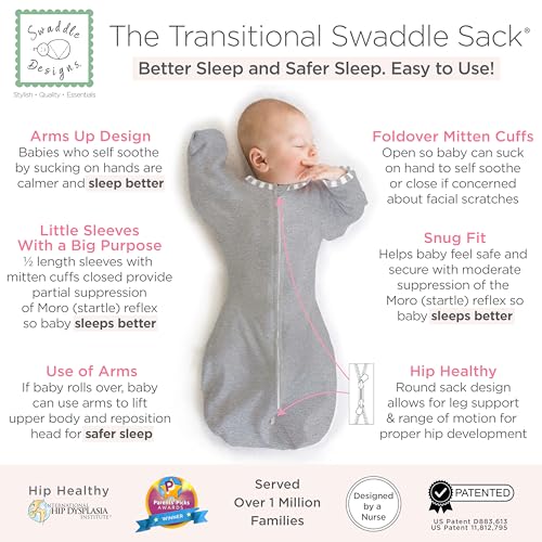Image of SwaddleDesigns Transitional Swaddle Sack, Arms Up Half-Length Sleeves & Mitten Cuffs, Most Gradual Transition Swaddle for Newborns to Sleep Sack, Small, 0-3 mo, 6-14 lb, Watercolor Mountains & Trees