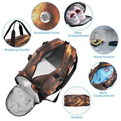 Gym Travel Duffle Bag for Boys Girls Fire-breathing Dragon Sports Dance Bag with Shoe Compartment & Wet Pocket Football Kids Travel Bag Teens Sleepover Carry4