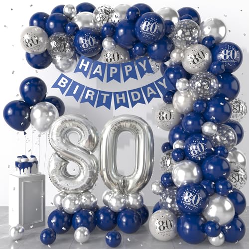 80th Birthday Decorations Navy Blue Silver,80th Birthday Balloon Garland Party Decorations with Number 80 Foil balloons,Happy Birthday Banner for Men Women 80th Birthday Party Decorations