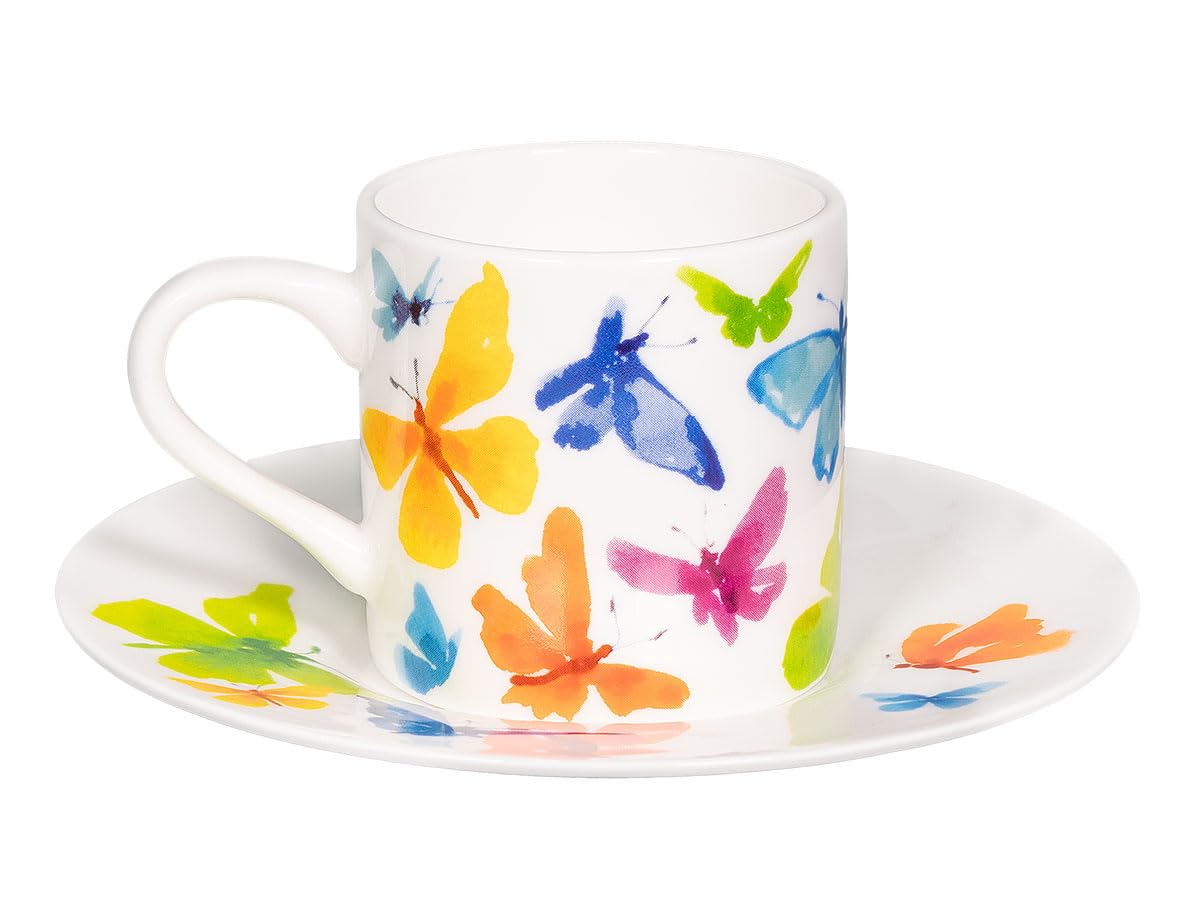 Könitz Espresso Tassen Set Victoria Lowe - Butterfly. 4 Kaffeetassen 65ml aus Fine Bone China Porzellan. Espressotassen modern, bunt