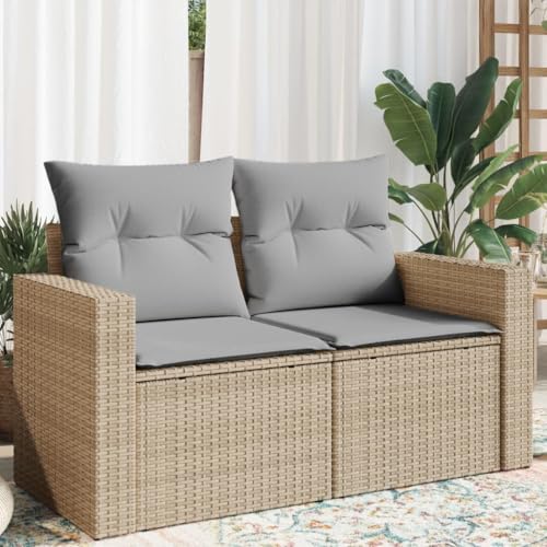 Image of 2-Seater Modular Garden Sofa in Beige PE Rattan with Light Grey Cushions, Weather-Resistant Outdoor Furniture for Patio and Balcony, Contemporary Design with Comfort-Enhanced