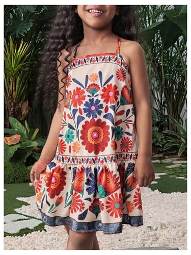 Girl's Boho Print Ruffle Cami Dress Floral Square Neck Spaghetti Strap Summer Beach Dresses4