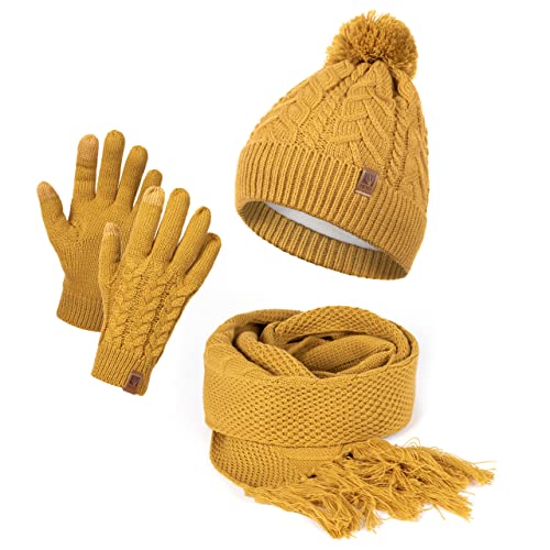HEYO Damen Mütze Schal Winter Set | Gefütterte Strickmütze mit Bommel | Winterschal mit Fransen | Touchscreen Handschuhe (Senfgelb) Cover