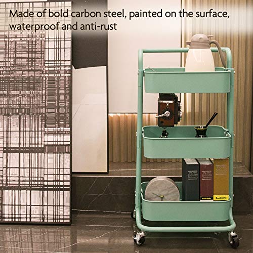 elabo 3-Tier Metal Rolling Utility Cart with 2 Lockable Wheels for Kitchen, Bedroom, Bathroom, Office, Living Room