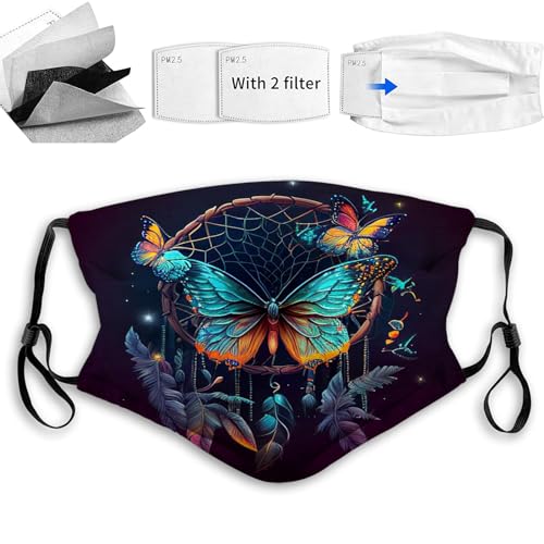 Yioniii Fashion Face mask,Colorful Butterfly Catcher Feather Pattern Reusable Face Mask Balaclava Washable Outdoor Nose Mouth Cover for Men Women