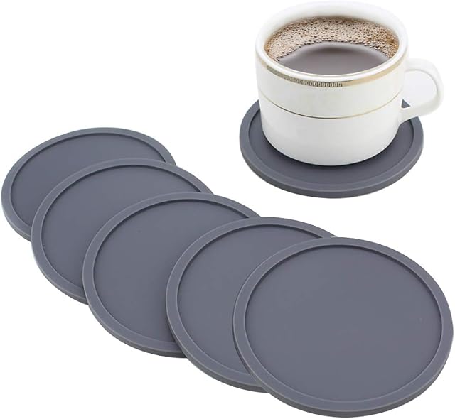Drink Coasters Set of 6, Silicone Non-Slip Washable Cup Mats Coaster for Drinks Home and Outdoor (Grey)