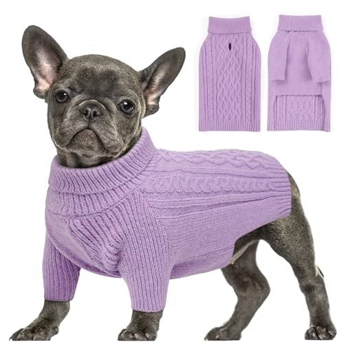YUDODO Small Pullover Sweater for Cold Winter - Cable Knitwear Classic Turtleneck Thick Warm Dog Clothes - Christmas Pet Sweaters for Chihuahua Bulldog Dachshund Pug Yorkie (Small, Purple)