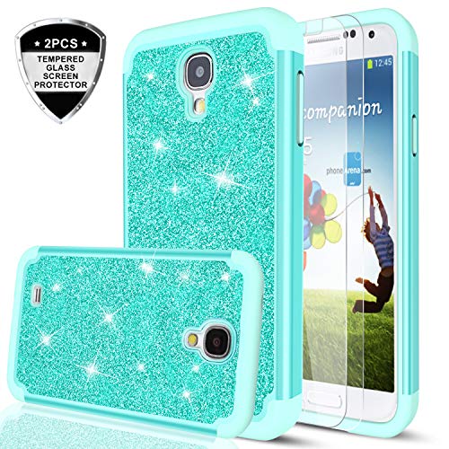 LeYi for S4 Case, Galaxy S4 Case with Tempered Glass Screen Protector [2 Pack], Glitter Bling Girls Women Design Dual Layer Hybrid Heavy Duty Protective Phone Case Cover for Samsung Galaxy S4 Mint