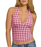 OMKAGI Womens Tank Tops Sexy Halter V Neck Going Out Tops Sleeveless Y2K Crop Top(S,293-Red White Gingham)