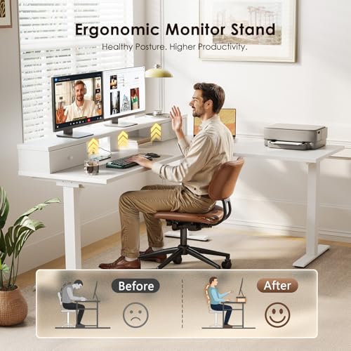 Image of Casaottima 59 Inch Electric L-Shaped Standing Desk with Drawers, Height Adjustable Stand Up Corner Desk with Monitor Stand, Lift Table for Home, Office, Workstation, White