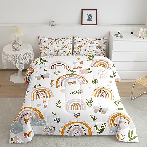 Feelyou Rainbow Comforter Set Twin Size with 1 Pillow Case Colorful Stripes Comforter Boho Rainbow Bedding Set Butterfly Quilted Duvet Set for Kids Adults