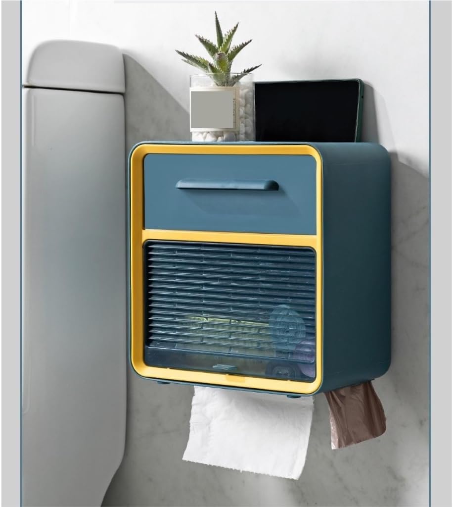 Tissue Box Cover Shelf Wall-Mounted Punch-Free Toilet Paper Storage Box with Shelf Drawer Bathroom Bedroom Study Kitchen Tissue Box