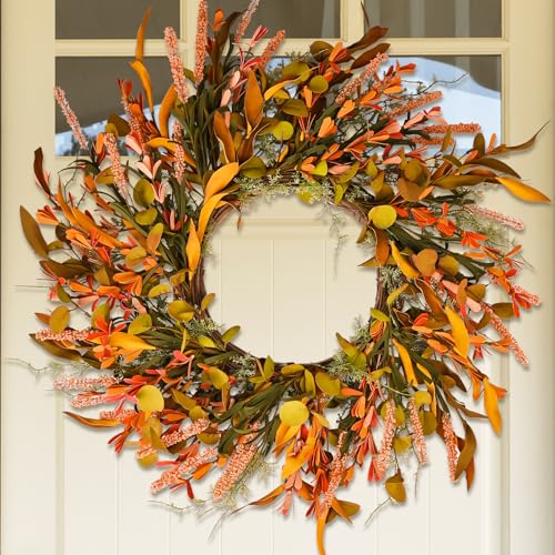 24" Orange Flower Fall Wreath for Font Door with Colorful Mixed Leaves