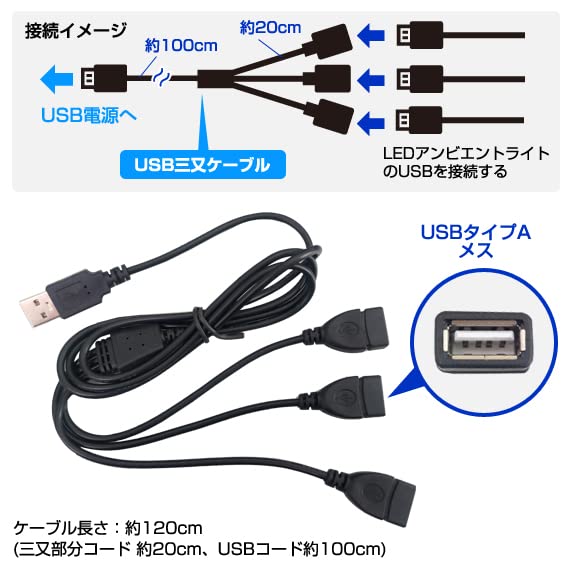Amazon.co.jp: USB 3way 分岐ケーブル（1.2m）車内 LEDアンビエント