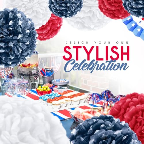 Image of EpiqueOne 20-Piece Tissue Paper Pom Poms Party Decoration Kit - Blue, Red & White | Different Sizes - 6 inch, 8 inch, 10 inch, 12 inch & 14 inch | Ideal for Birthdays, Bridal or Baby Showers, Weddings, Graduation & More