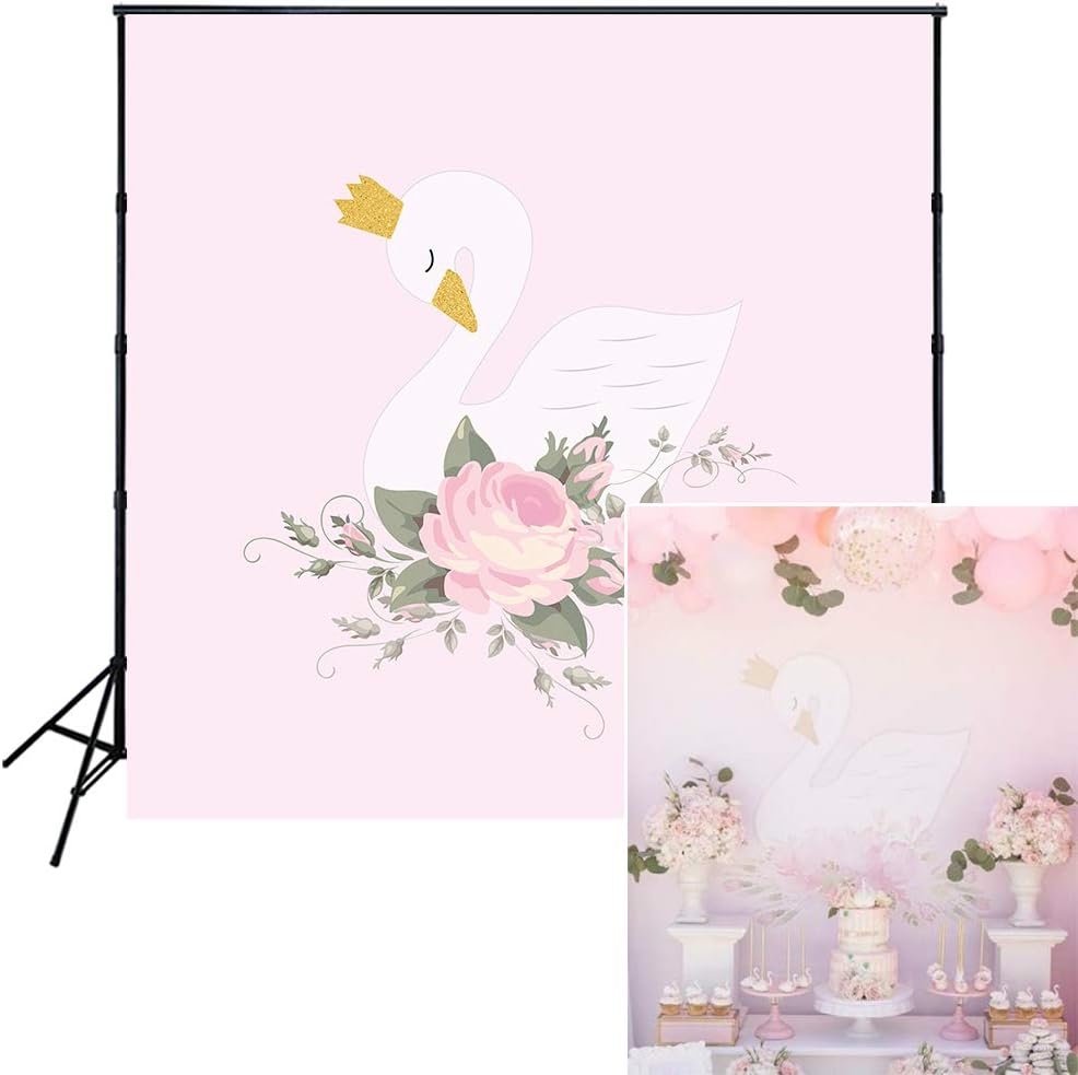 Muzi 5x5ft White Swan Pink Flowers Birthday Backdrop Golden Crown Baby Shower Decoration Photography Background Cake Dessert Banner Children Photo Portrait Studio Props W-1893