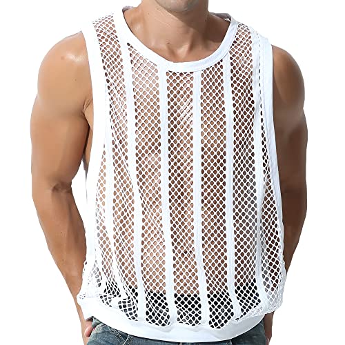 QiaTi Men's Mesh Tank Tops Fishnet Sleeveless Shirts Square Neck Sexy Undershirts See Through Tops for Men