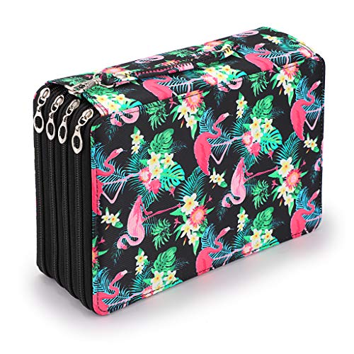 BSTKEY Grande trousse à crayons de couleur - 200 emplacements - Motif de flamant rose - Noir (sans crayons) Cover