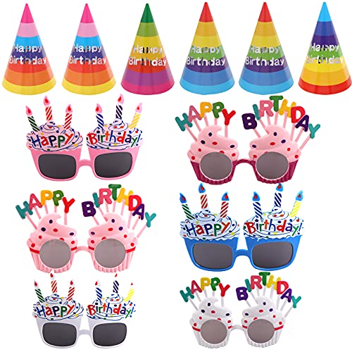 Welecom 6 PCS Happy Birthday Hats and 6 PCS Happy Birthday Sunglasses Sweet Cream Cake Glasses for Birthday Party Favors (Style 1)