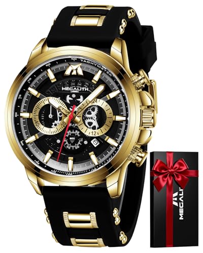 MEGALITH Reloj de Pulsera Grande Hombre: Cronógrafo Impermeable Elegante - Negro Analogico Caucho Relojes MEGALITH Reloj de Pulsera Grande Hombre: Cronógrafo Impermeable Elegante - Negro Analogico Caucho Relojes