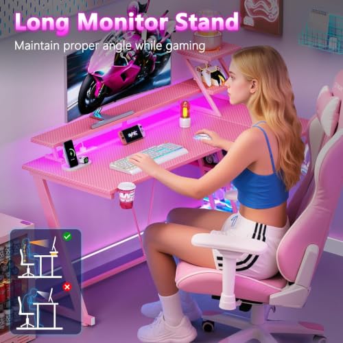 Image of Korfile 40 Inch Pink Gaming Desk with LED Lights & Power Outlet, Small Gaming Computer Desk with Storage Shelves, L Shaped Gamer Workstations with Monitor Stand for Bedroom