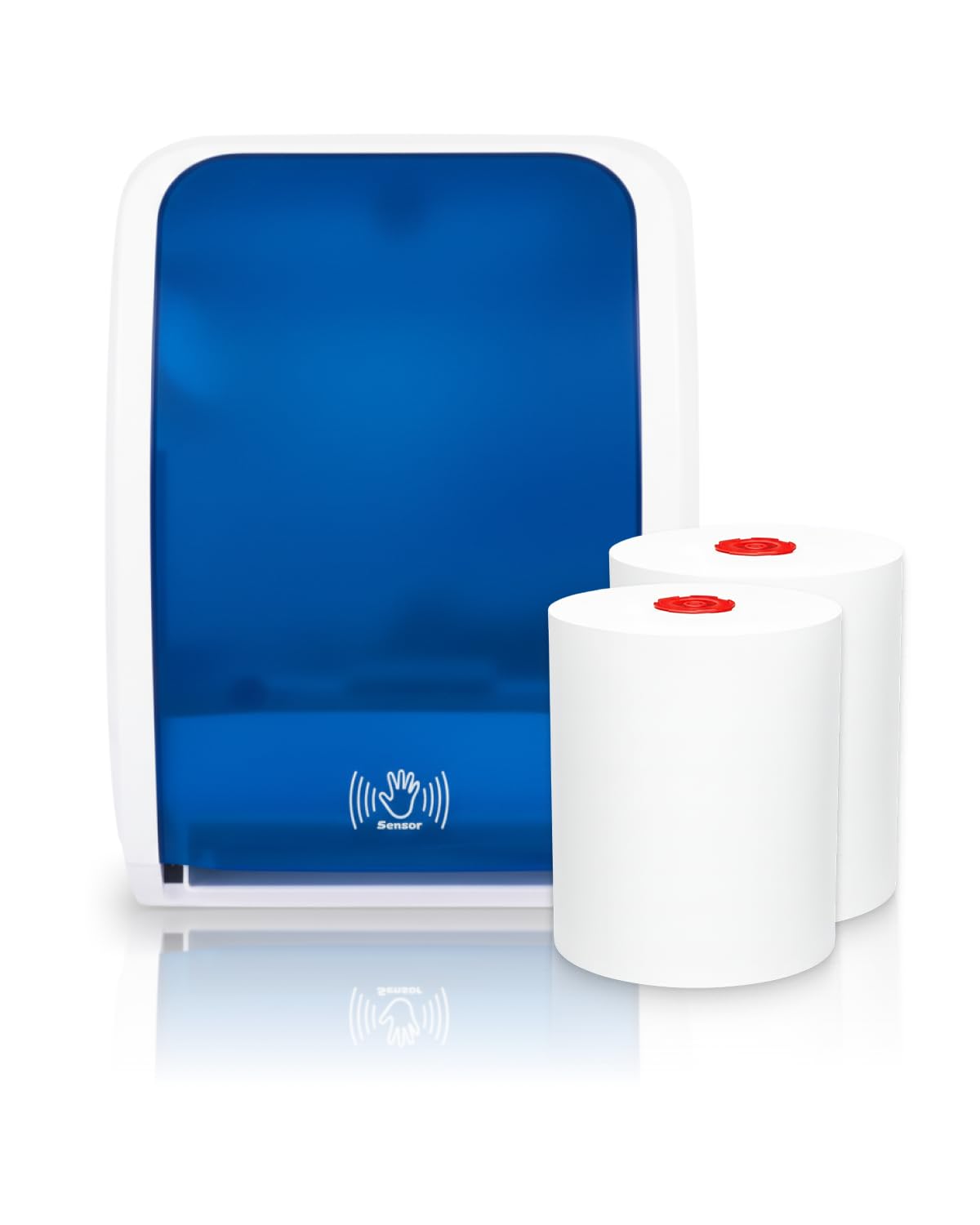 Set Cosmos Sensor Blau-Weiß + 2 Premium TAD Rollen | Berührungsloser Betrieb, Netz- o. Batteriebetrieb, inkl. 2 Premium TAD Rollen aus Zellstoff