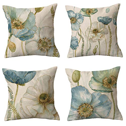 4er Set Dekorative Kissenbezüge 40x40cm Blau weiße Blumen Kissenbezug Zierkissenbezug Baumwoll und Leinen Quadratischer Unsichtbarem Reißverschluss Doppelseitiger Druck Kissenhülle für Couch Outdoor Cover