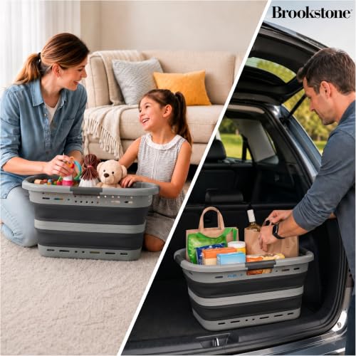 Image of Brookstone 11 Gal Collapsible Laundry Basket With 3 Handles, Hip Hugger Design, Non-Slip Comfort Grip, Lightweight BPA-Free Space Saving Pop-Up Hamper, 24 In, Portable and Sturdy, Dark Gray