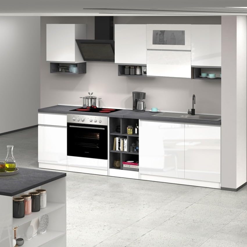 Cucina completa componibile design lineare stile moderno 256cm Essence - Bianco - Grigio