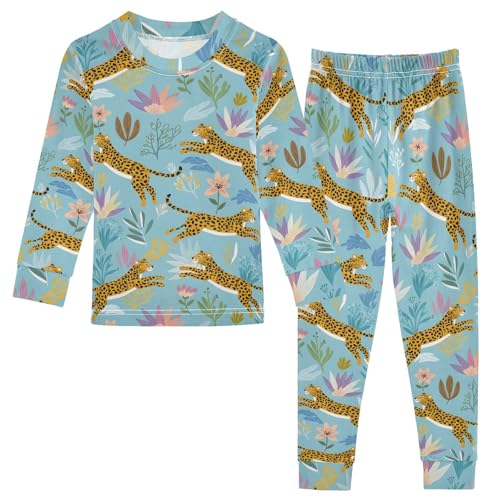 Pajama Sets Long Sleeve Leopard Floral Pattern on Blue Soft Comfy Sleepwear 2 Piece PJS 3-8T