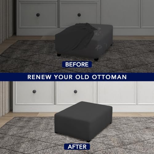 Image of PureFit Super Stretch Form Fit Ottoman Cover Rectangle - Ottoman Slipcovers for Foot Stool Cover & Folding Storage Slipcover for Living Room with Nonslip Elastic Bottom (Medium-L, Dark Gray)