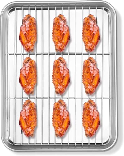 Image of Crega Stainless Steel Baking Tray Large Oven Pan with Cooling Rack Heavy Duty Non Toxic Rust Resistant Dishwasher Safe Perfect for Baking Cakes Pastries Muffins Snacks Roasting Grilling and Serving