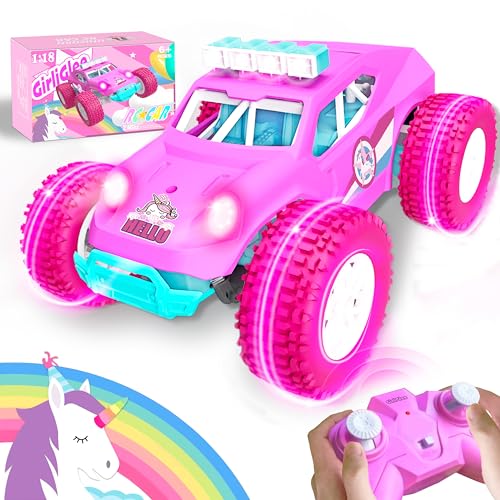 GirliGlee Coche Teledirigido,1/18 Rosa Unicornio LED Coche RC con 2 Batería,Regalo Niña 4 5 6 7 8 9 10 Años,Juguetes Niña 4 5 6 7 8 Años,Coche Radiocontrol 20KM,Juegos Coches para Niños Niña RC Car
