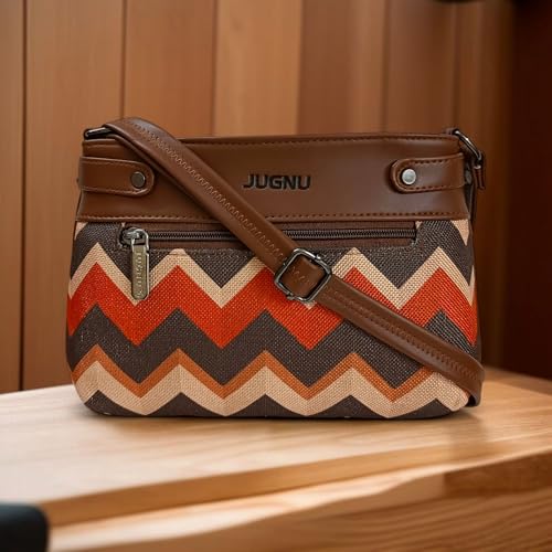 Image of JUGNU Sling Bag for Women, Jute Fabric, Crossbody Style, Slim Design, Multicolour, Medium Size, Lightweight, Adjustable Strap, Zipper Closure, 5 Pockets