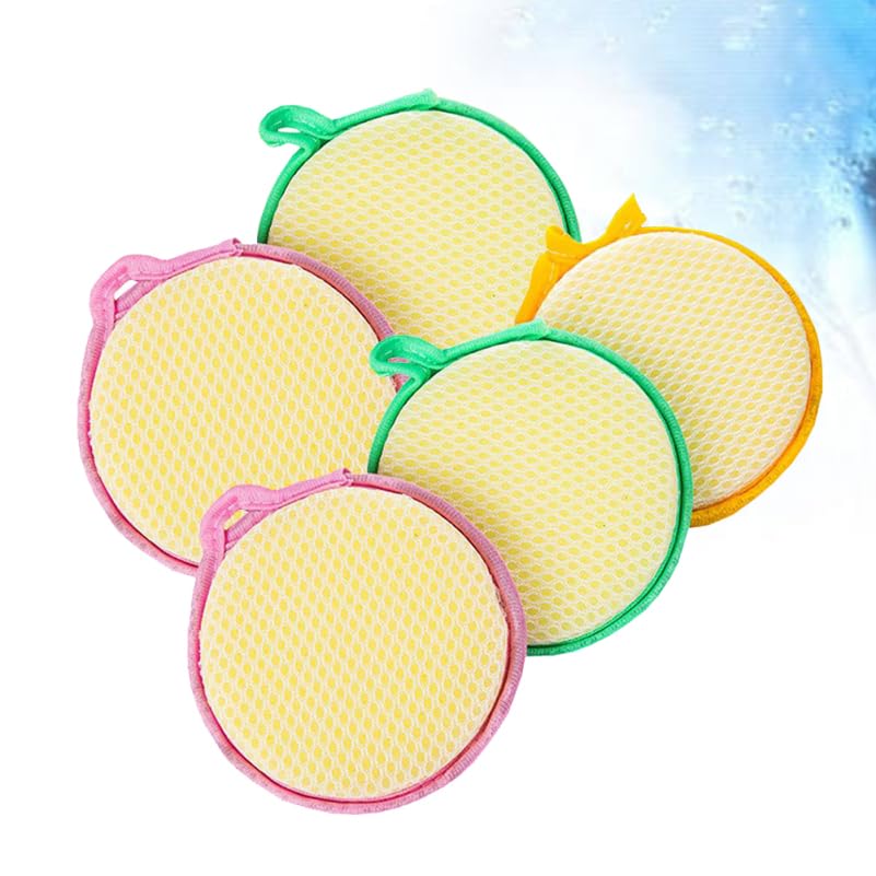 Image of Healifty Double-Sided Round Kitchen Cleaning Sponge Pads 4.72 Inch Durable Dishwashing Scouring Pads for Household Surface Pot and Dish Cleaning - 5 Pack