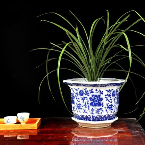 青と白の八角形の磁器植木鉢 シノワズリ 景徳鎮 ホームガーデンプランター 手描き模様 排水穴付き 屋内屋外ガーデニング植物用 38*27cm
